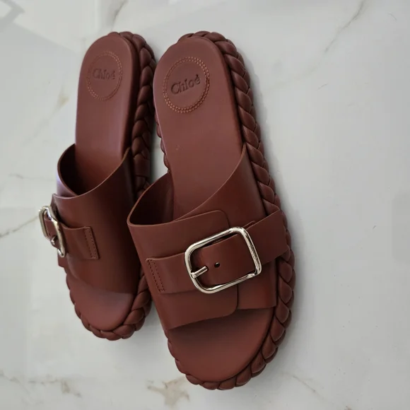 Chloe Brown Leather Sandals with Silver Buckle - Picture 1 of 6